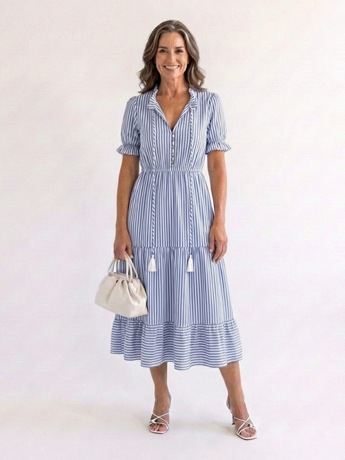 Dakota - Short Sleeve Striped Tiered Midi Dress