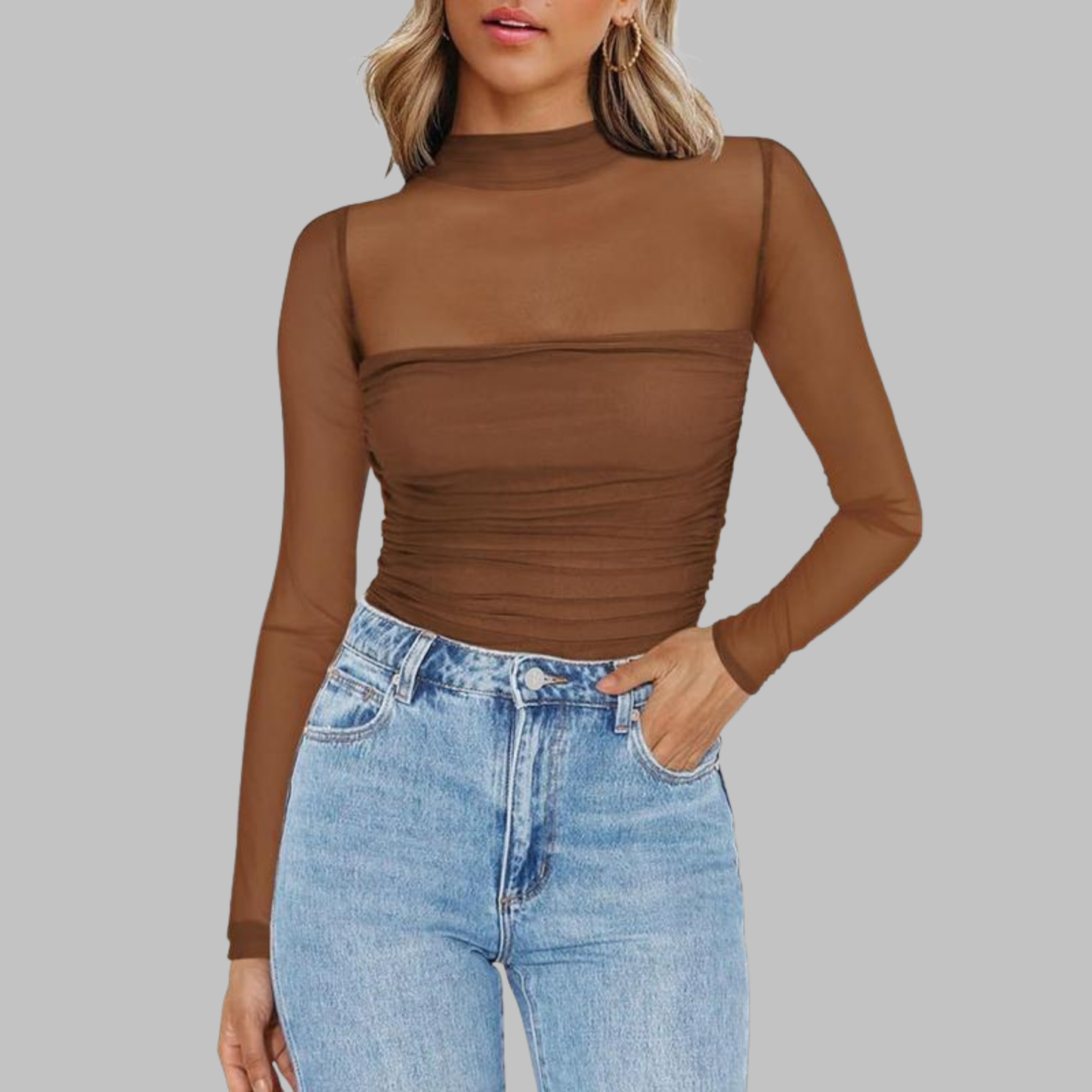 Vega - Chic Sheer Mesh See-Through Long Sleeve Top