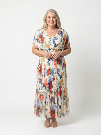 Savannah - Short Sleeve Pleated Floral Midi Dress