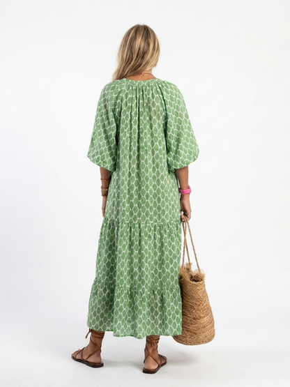 Apolline - Three Quarter Sleeve V Neck Patterned Midi Dress