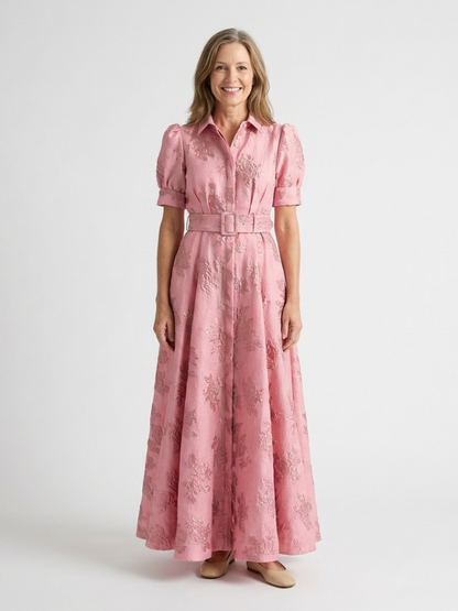 Xanthea - Short Sleeve Belted Floral Textured Maxi Shirt Dress