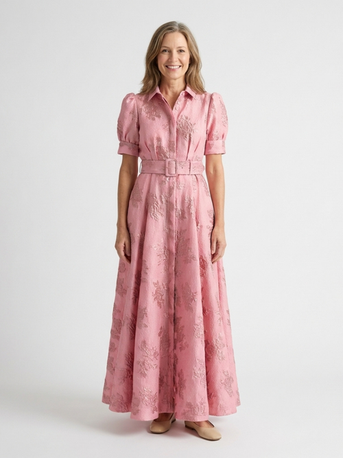 Xanthea - Short Sleeve Belted Floral Textured Maxi Shirt Dress