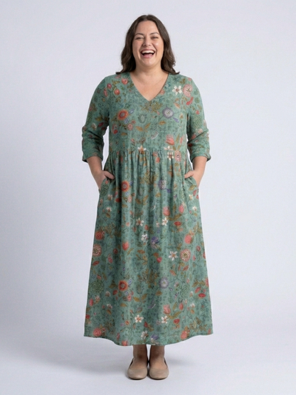 Marina - Floral V Neck Three Quarter Sleeve Maxi Dress