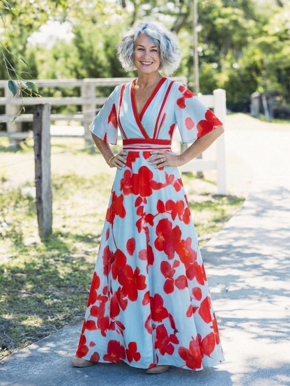 Corinne - V Neck Short Sleeve Floral Maxi Dress