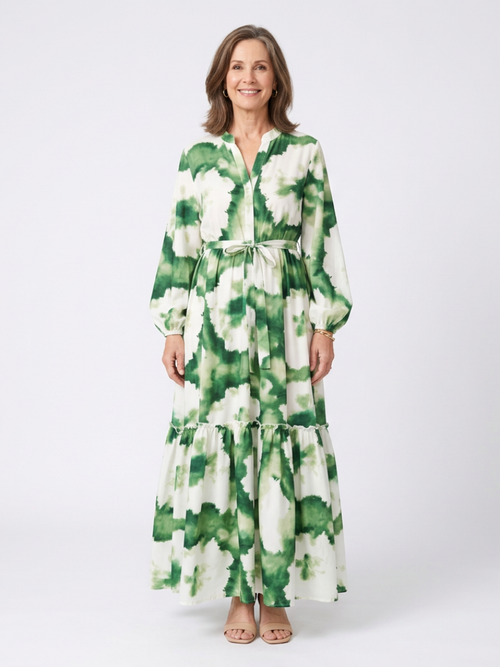 Sabine - Long Sleeve Tie Waist Tiered Maxi Dress