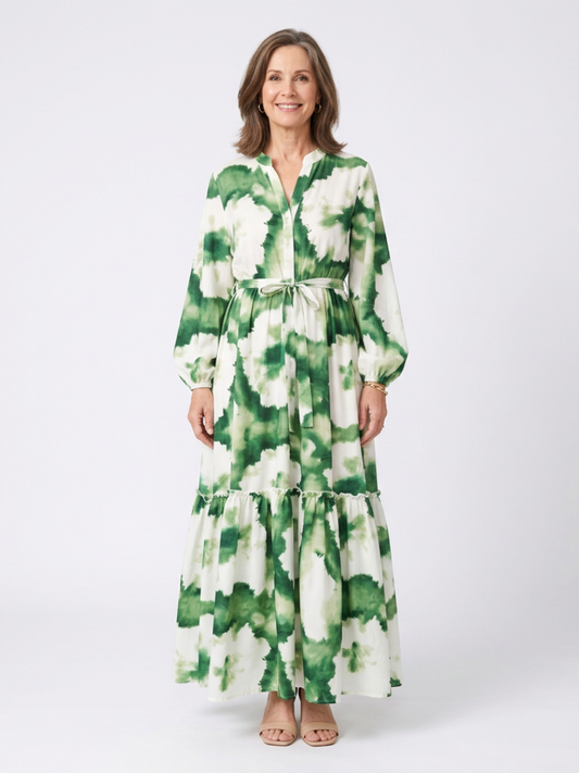 Sabine - Long Sleeve Tie Waist Tiered Maxi Dress