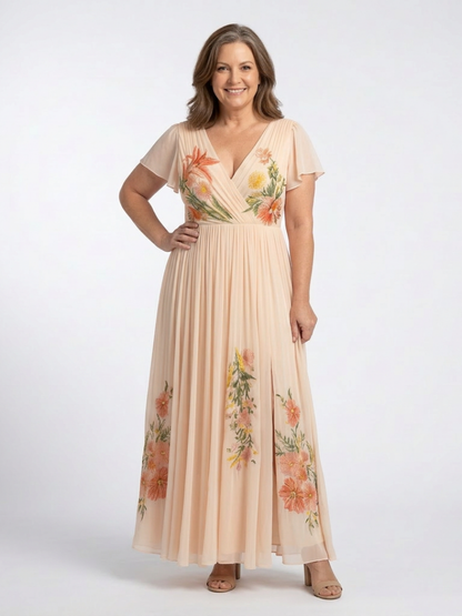 Calista - V Neck Short Sleeve Pleated Floral Maxi Dress