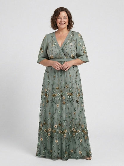 Evadne - Floral V Neck Short Sleeve Maxi Dress